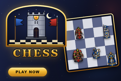 Chess game with a fortress tower logo and a tilted board with fantasy pieces