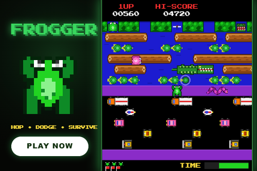 Frogger-style arcade game screen with a frog, traffic, river logs and turtles