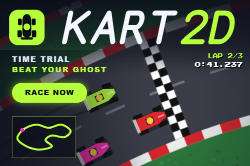 Kart2D top-down kart racing game with a lime green kart on a track