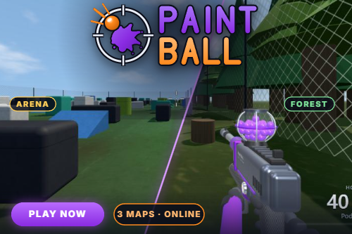Paintball: a split first-person view of the Arena field and the pine Forest map, with a marker and a hopper full of purple paintballs, under the PAINT BALL reticle-and-splat logo