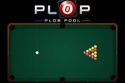 PLOP online pool game: the PLOP logo above a pool table with a racked set of red and yellow balls and the white cue ball
